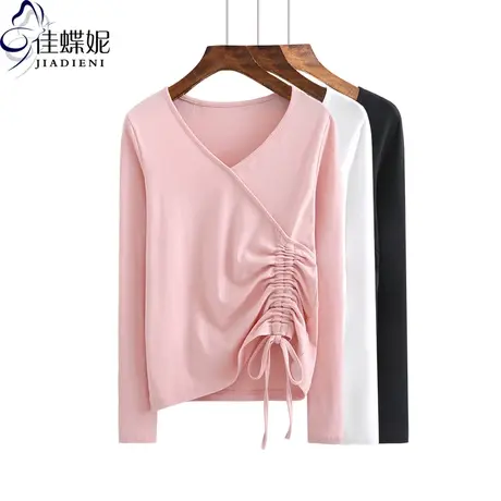 春秋季V领性感抽绳打底衫长袖体恤上衣纯棉打底衫内搭女修身纯色商品大图