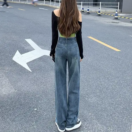 高腰复古牛仔裤女直筒宽松春秋小个子梨形身材裤子显瘦窄版阔腿裤图片