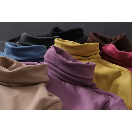 dza文艺复古高领德绒内搭打底衫女士冬季宽松短款上衣加绒长袖t恤商品大图