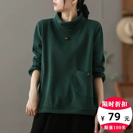 dza 复古纯色全棉高领加绒女士卫衣秋冬加厚宽松显瘦长袖打底上衣图片