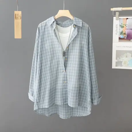 中长款格子防晒衬衫女长袖韩版宽松夏季2024新款薄款衬衣叠穿上衣商品大图
