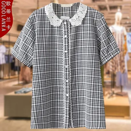 短袖格子纯棉衬衫夏季新款2023中年妈妈洋气时尚大码蕾丝花边上衣商品大图