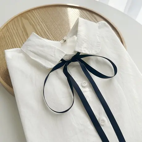 春秋新款简约文艺系带长袖白衬衫女士宽松百搭纯棉基础款打底衬衣商品大图