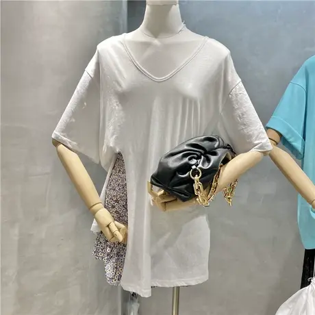 短袖t恤女ins潮2020夏季新款韩版宽松设计感开叉V领纯色百搭上衣商品大图