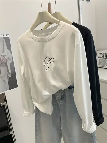 减龄长耳兔长袖T恤女！春秋百搭显瘦圆领磨毛白色上衣内搭打底衫商品大图