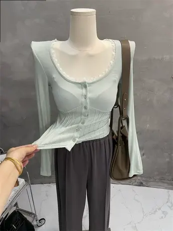 温柔纯欲~显白蕾丝拼接长袖T恤修身打底衫显瘦上衣内搭2023秋新款图片