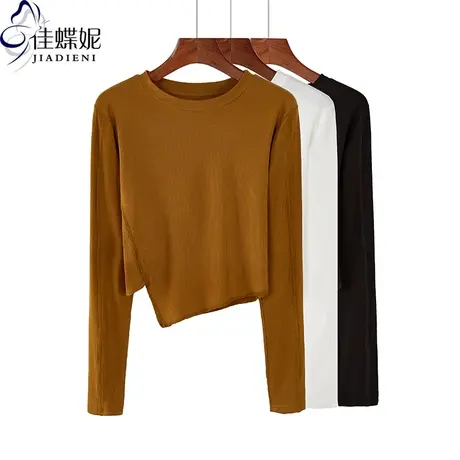 秋季新款韩版圆领纯棉修身不规则短款纯色长袖体恤上衣内搭打底女商品大图