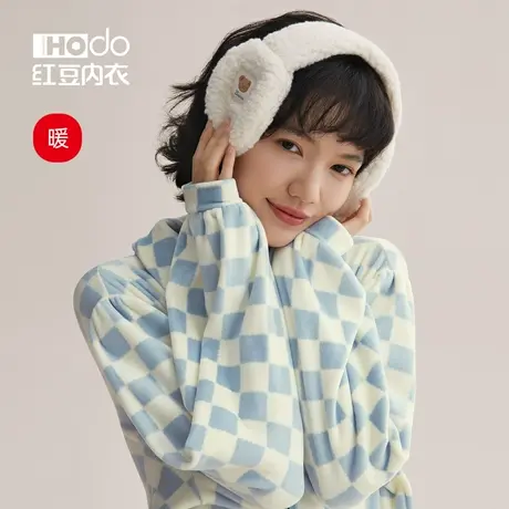 红豆睡衣女冬季加厚珊瑚绒居家服时尚棋盘格可外穿女士家居服套装商品大图