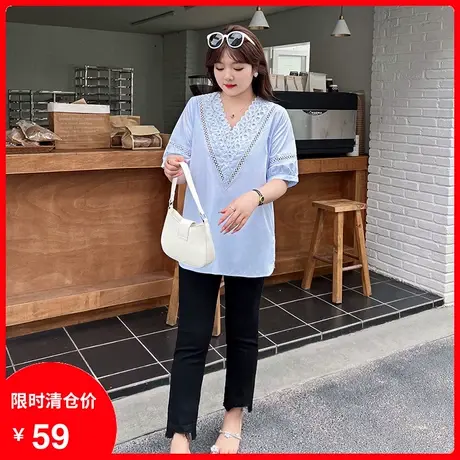 绮娑大码女装2023年夏季新款气质V领短袖显瘦胖MM上衣女衬衫休闲图片