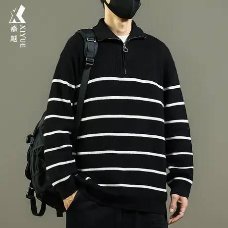 希越潮流复古条纹毛衣男半拉链2023秋冬新款宽松大码韩系风针织衫商品大图