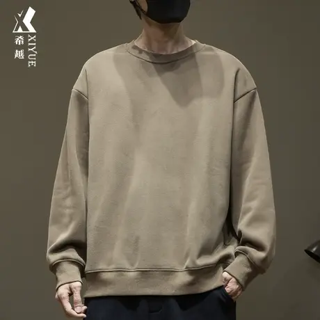 重磅420g加绒加厚纯色卫衣男春季宽松大码男士百搭上衣无帽打底衫商品大图