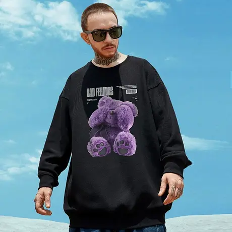 oversize港风圆领加绒卫衣男小熊潮牌ins大码男装秋冬款情侣无帽图片