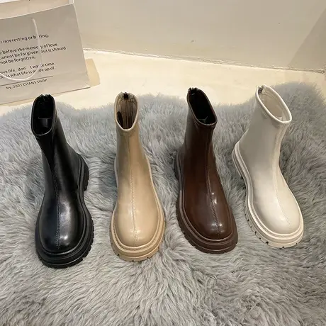 卡其色马丁靴女英伦风2024新款春秋单靴大头厚底显瘦切尔西短靴子图片