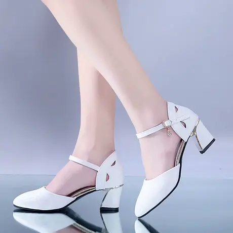 凉鞋女夏2023新款高跟鞋女粗跟百搭中空包头一字扣休闲鞋中跟单鞋商品大图