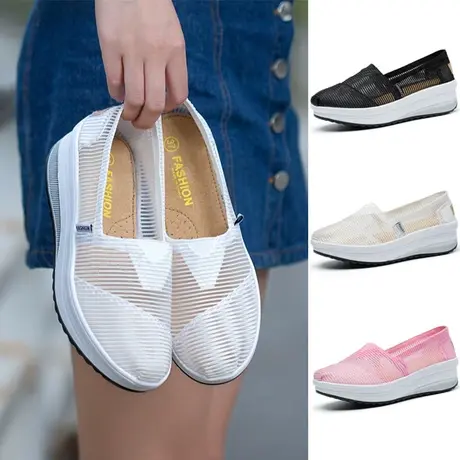 夏季厚底网鞋女一脚蹬懒人鞋透气网纱摇摇鞋老北京布鞋妈妈松糕鞋商品大图