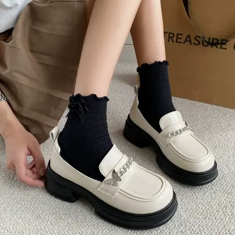 一脚蹬大头小皮鞋女2023年秋季新款复古英伦风粗跟厚底乐福单鞋子商品大图