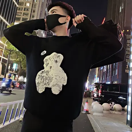 毛衣男秋冬2023休闲卡通小熊提花针织衫美式潮牌轻熟青年圆领线衣图片