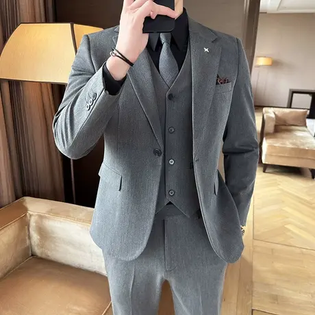 西服套装男三件套通勤简约大码垂感外套英伦风商务正装新郎礼服潮商品大图