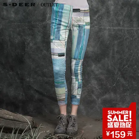 sdeer圣迪奥女装2017秋装修身抽象蓝调印花长裤小脚裤S16180890商品大图