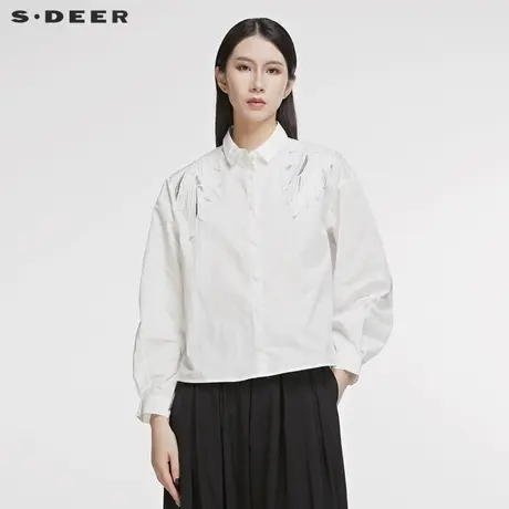 sdeer圣迪奥春秋女装短款翻领翅膀刺绣宽松白色长袖衬衫S20180519图片