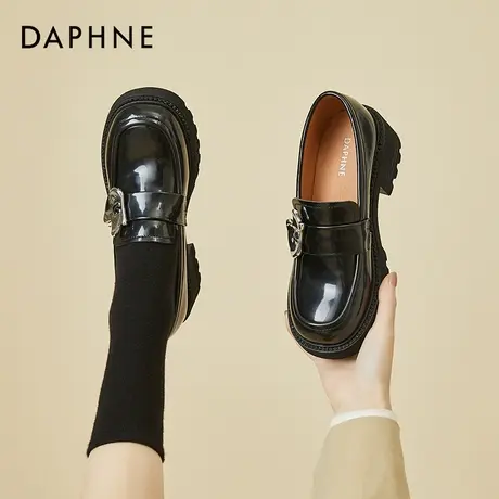 达芙妮真皮乐福鞋女2022春季新款粗跟漆面一脚蹬单鞋英伦风小皮鞋商品大图