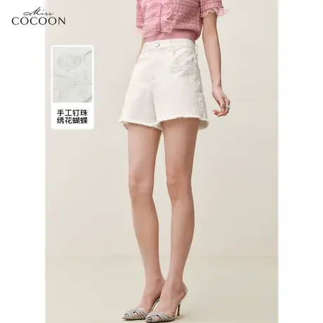 missCOCOON蝴蝶刺绣毛边纯棉牛仔裤女装2023夏季新款时尚休闲短裤商品大图