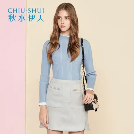 秋水伊人2019冬装新品女装双层半高领花边针织衫毛衣I860图片