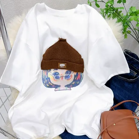 韩代秋冬款短袖上衣时髦洋气帽子女孩磨毛半袖T恤内搭欧货大码图片