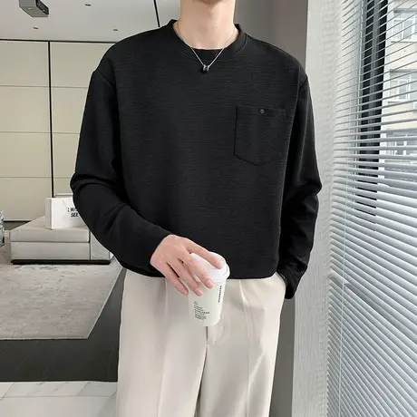 高级感长袖t恤男打底衫春秋季潮牌小众纯色内搭上衣宽松休闲卫衣商品大图