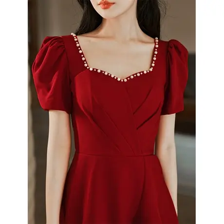 法式敬酒服新娘夏季酒红色高级感结婚订婚礼服连衣裙回门鱼尾长款图片