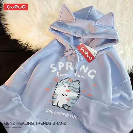 悦游 春风美短 猫耳连帽多巴胺绿宽松印花加绒卫衣男春季樱花原创商品大图