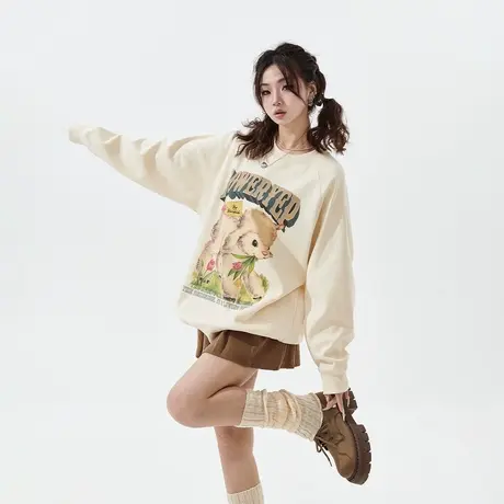 YEP卡通印花圆领卫衣女春秋2024新款韩系情侣装宽松oversize上衣图片