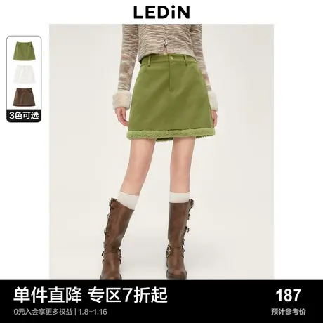 乐町芥末绿简约复古灯芯绒包臀短裙女秋冬新款辣妹A字半身裙图片