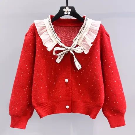 新年红色蝴蝶结毛衣外套女冬季2024新款宽松高级感洋气针织开衫图片