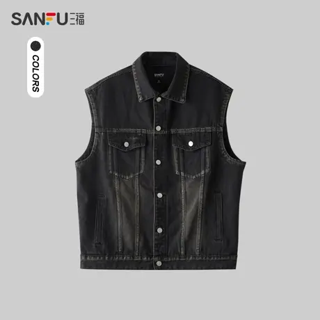三福2024春季男士手擦工艺宽肩马甲 机能潮酷翻领外套男482438商品大图