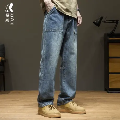 希越复古水洗牛仔裤男士2024春季新款宽松大码美式直筒裤休闲长裤图片