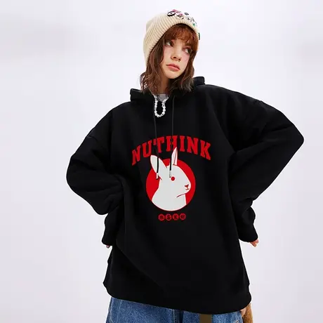Nuthink国潮chic恭喜发财兔子圆领卫衣男潮牌ins宽松大码情侣帽衫商品大图