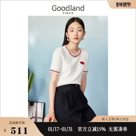 Goodland美地女装2023夏季百搭优雅撞色针织衫短袖套头上衣商品大图