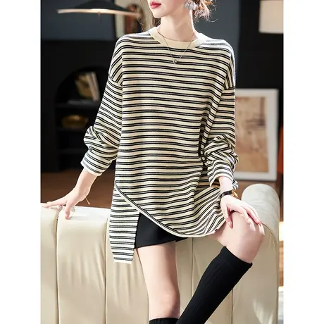 宝诗黎圆领中长款宽松条纹毛衣2024春季新款百搭显瘦针织上衣女图片