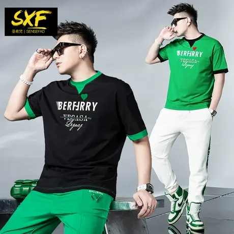 SXF圣希梵假两件短袖T恤男 2023新款潮牌印花上衣宽松男士体恤衫商品大图