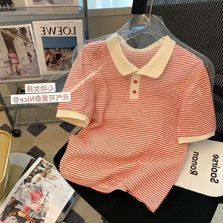 polo领条纹设计感短袖t恤女2023夏季宽松复古港味chic正肩上衣服商品大图