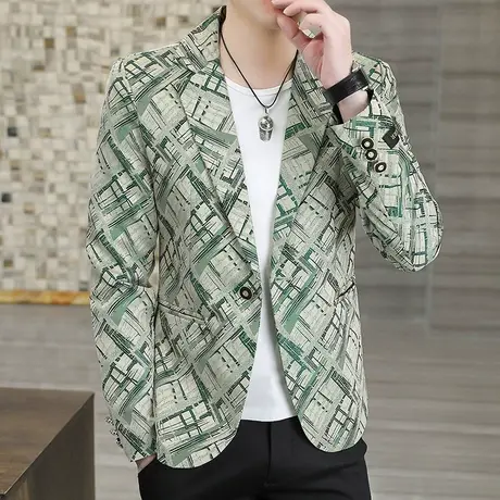 印花休闲西装男士夏季商务单西修身男士小西服上衣春秋季夹克外套商品大图