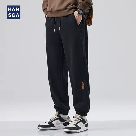 hansca黑色休闲裤男2023新款秋季潮牌美式宽松拼接运动束脚长裤子商品大图