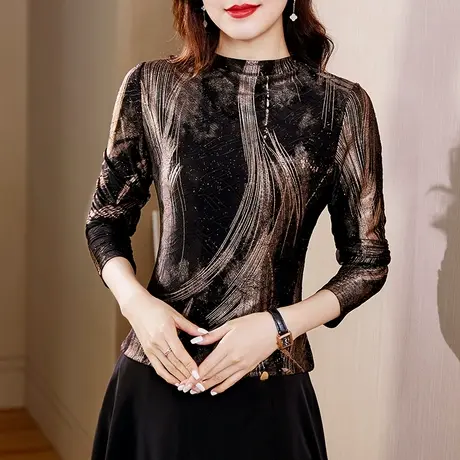 大码半高领打底衫女秋冬内搭长袖t恤时髦时尚洋气减龄紧身上衣服商品大图