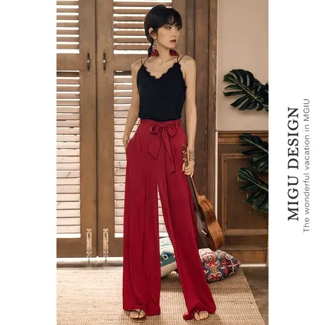 弥古红色西装冰丝阔腿裤女拖地裤垂感高级感雪纺长裤夏季薄款裙裤图片