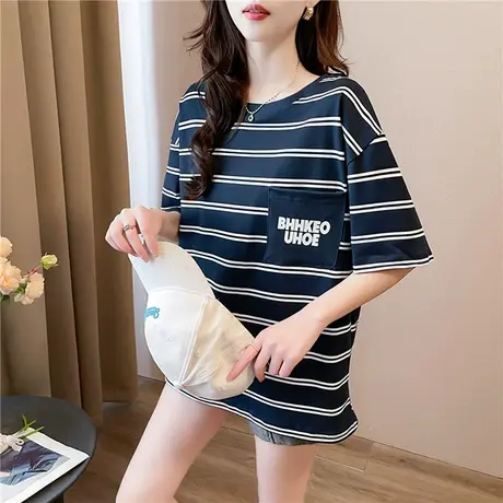 时尚条纹短袖T恤女日系潮牌原宿风情侣装宽松上衣休闲圆领体恤衫图片