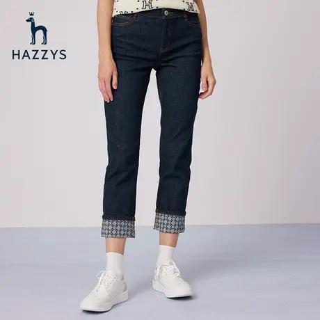 Hazzys哈吉斯脚口翻边牛仔裤女春夏季新款直筒休闲裤图片
