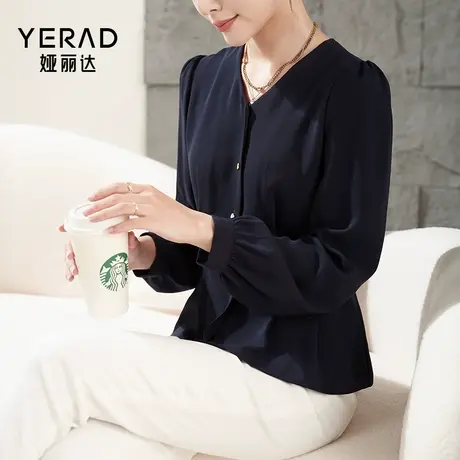 娅丽达蓝色衬衫女长袖设计感小众2023秋新款法式收腰上衣白色衬衣商品大图