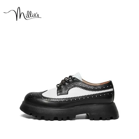 妙丽牛皮布洛克鞋春季新款时尚休闲厚底英伦小皮鞋女单鞋15056AM3商品大图