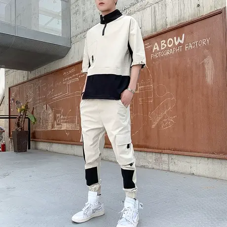 男士T恤套装短袖束脚裤七分袖夏季高领潮流工装长裤时尚休闲衣服商品大图